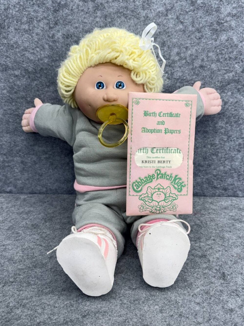 Vintage 1984 Cabbage Patch Kid Doll Blonde Hair Blue Eyes Pacifier Gray Jogging
